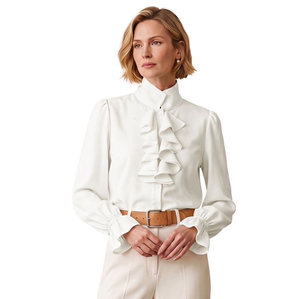 Women's Puff Long Sleeves Mock Neck Regular Fit Ruffle Front Blouse Apricot